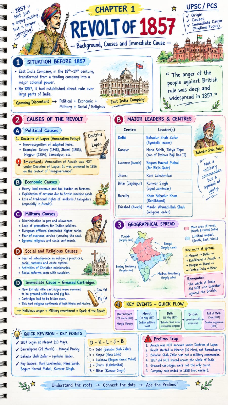 History sample page — Revolt of 1857: background, causes, major leaders and centres, geographical spread and key events (English)