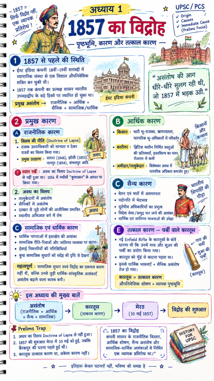 History sample page — 1857 का विद्रोह: पृष्ठभूमि, कारण और तत्काल कारण के infographic short notes (Hindi)